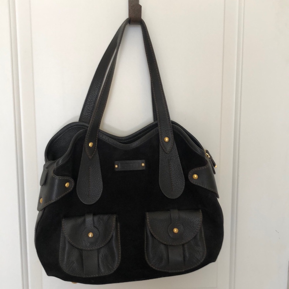 Authentic black suede and leather Ferragamo medium sized tote